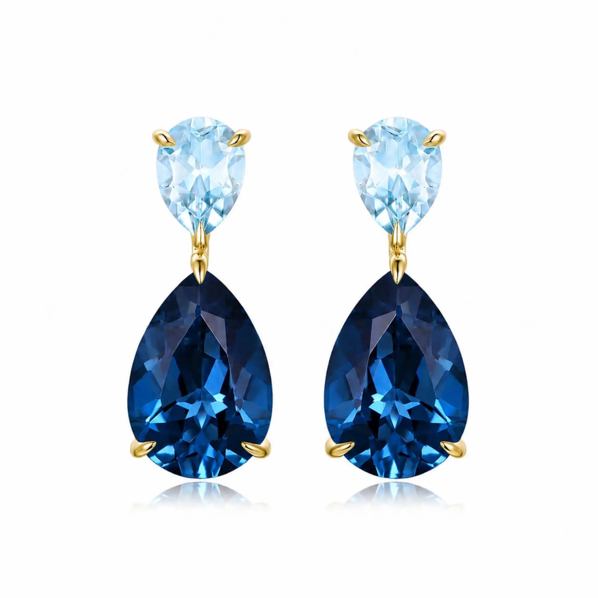 Duet Pear Natural Aquamarine & London Blue Topaz Drop Earrings in 14k yellow gold