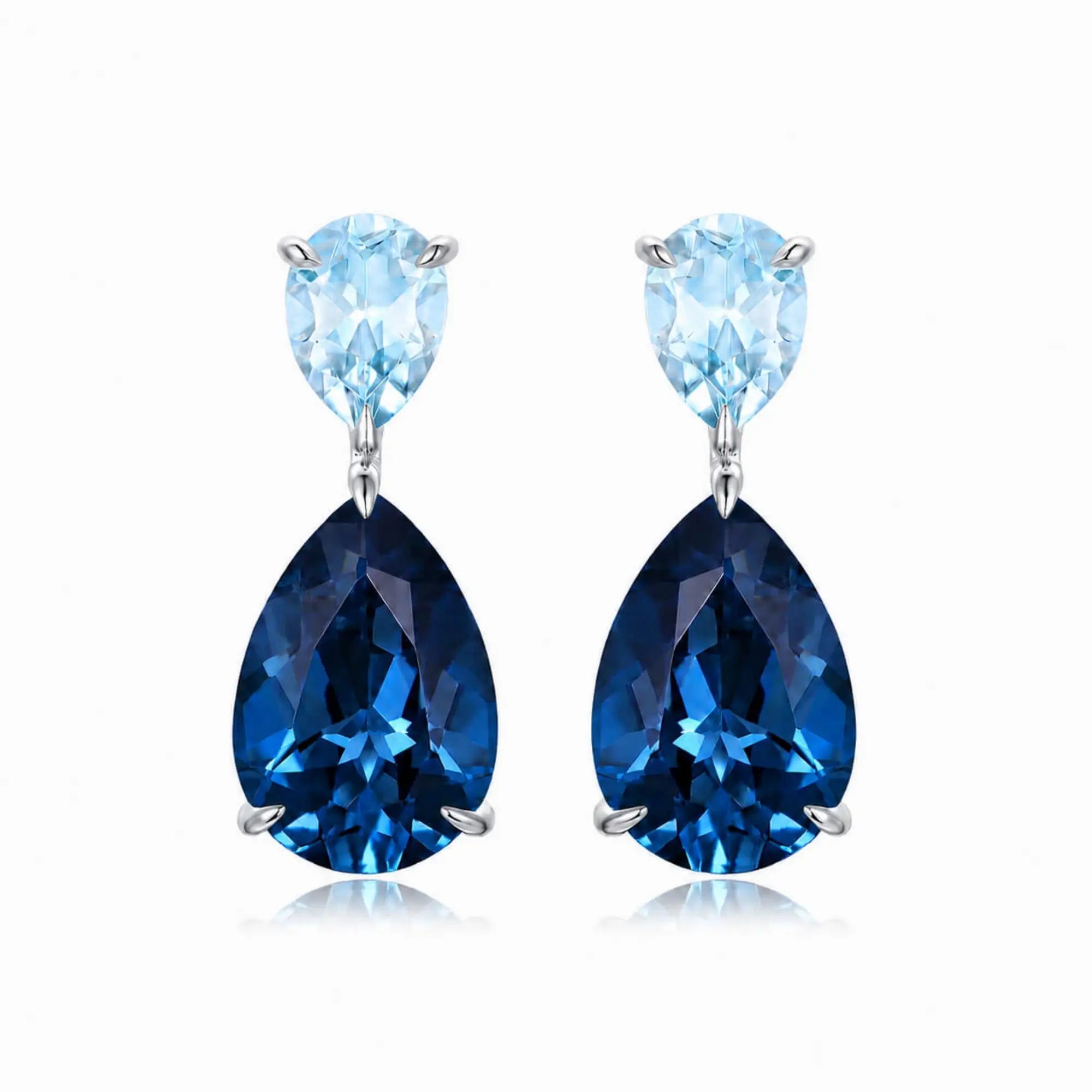 Duet Pear Natural Aquamarine & London Blue Topaz Drop Earrings in 14k white gold
