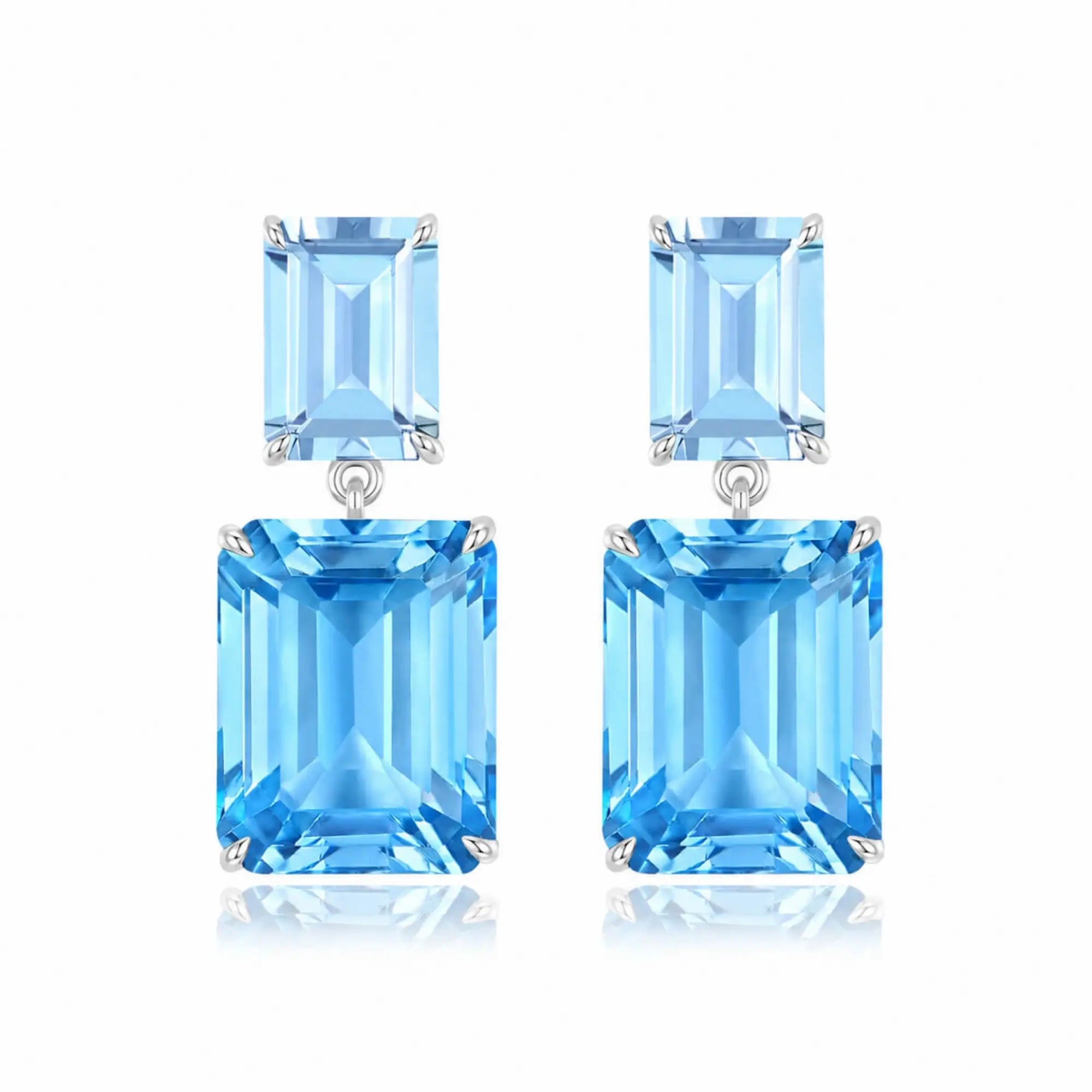 Duet Natutal Emerald-Cut Sky Blue Aquamarine & Blue Topaz Drop Earrings in 14k white gold