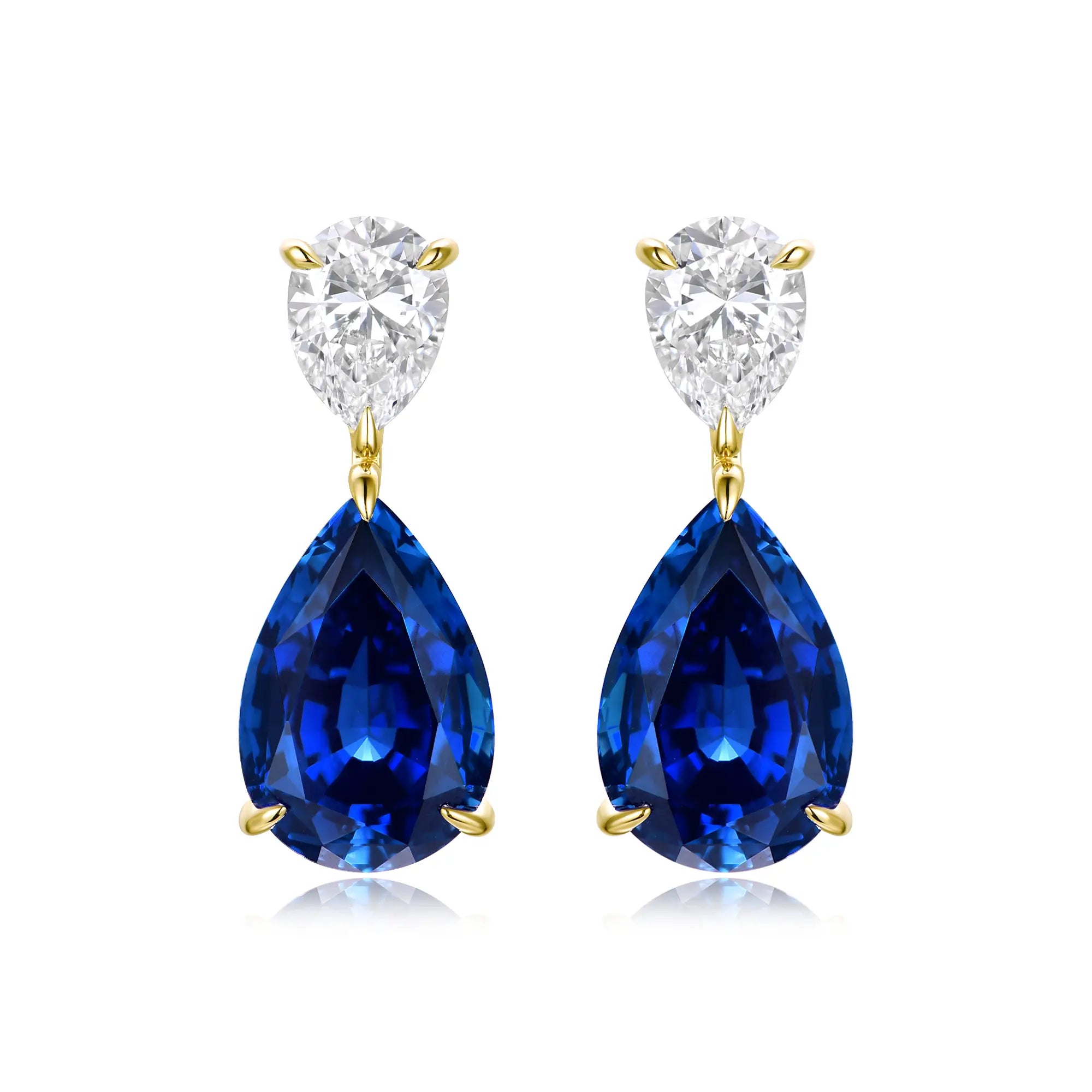 Duet Pear 8.00ctw Lab Grown Diamond & Sapphire Drop Earrings in 14k solid gold