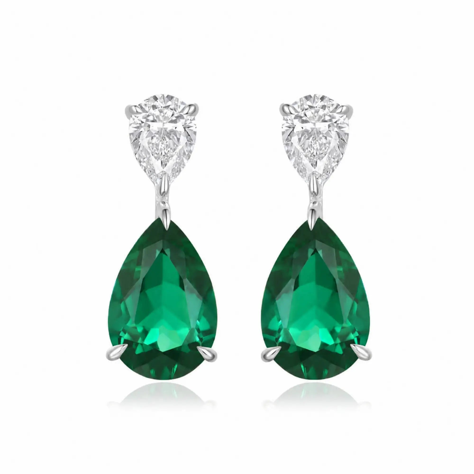 Duet 7ctw Pear Lab Grown Diamond & Emerald Drop Earrings in 14k white gold