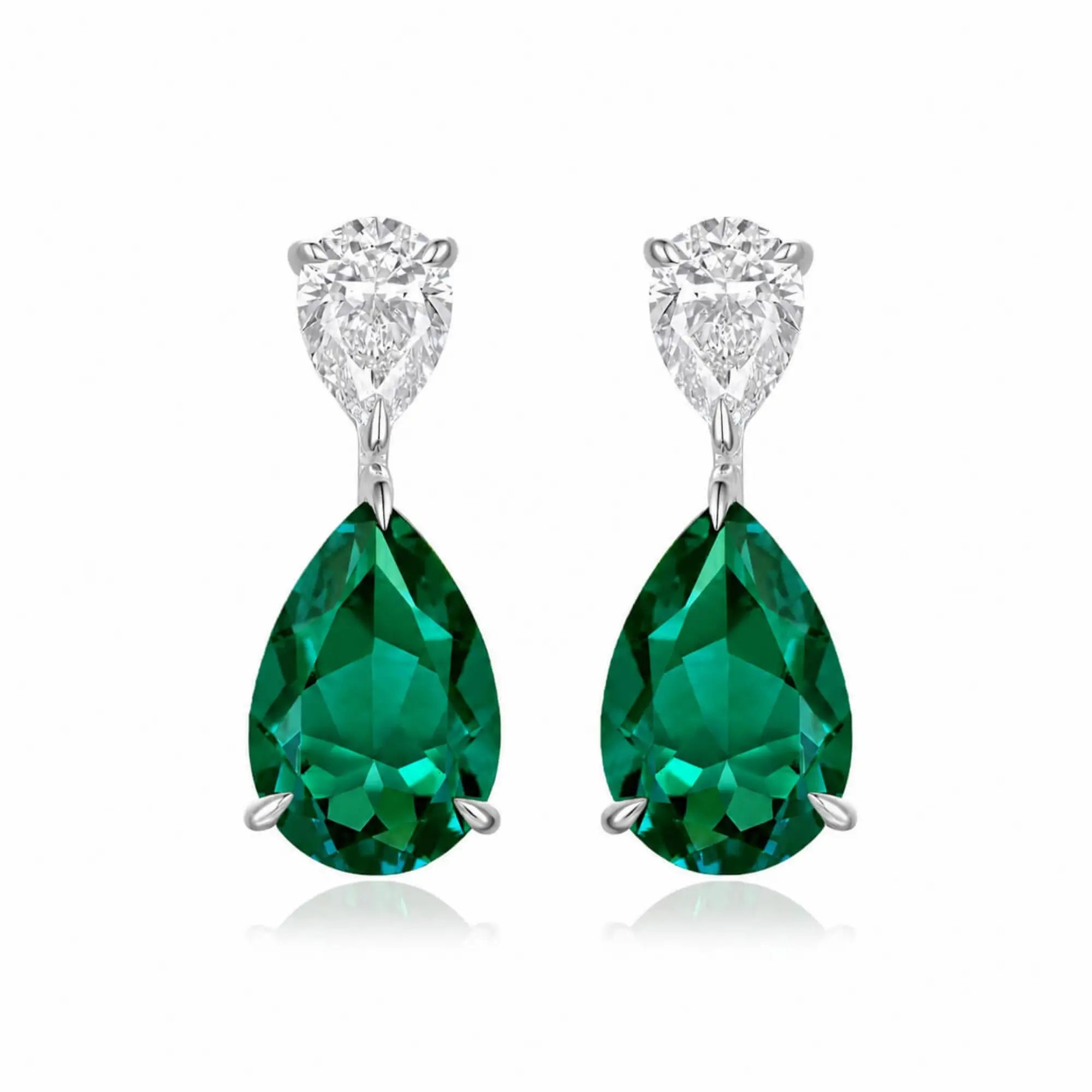 Duet 7ctw Pear Lab Grown Diamond & Emerald Drop Earrings in 14k white gold