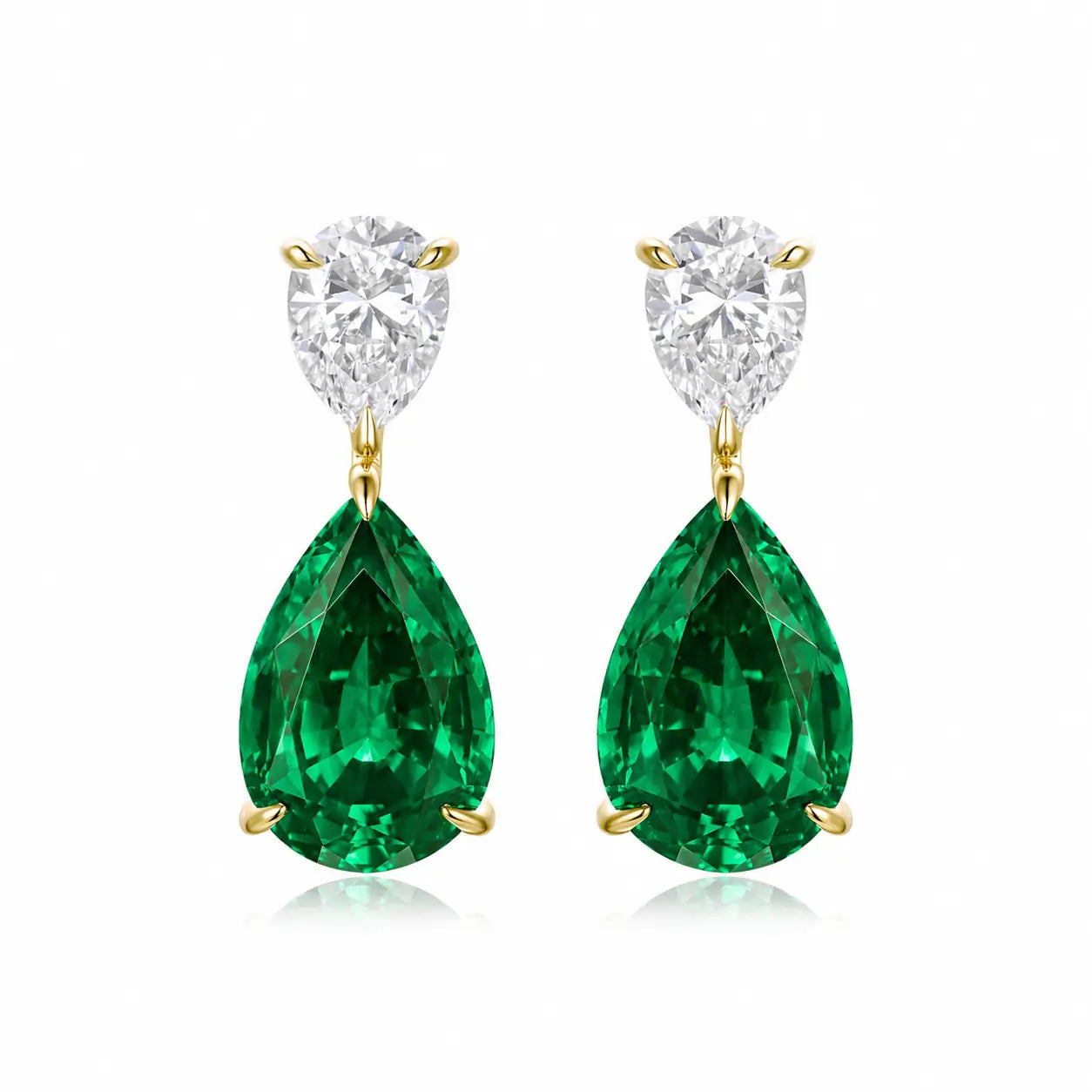Duet Pear Lab Grown Diamond & Emerald Drop Earrings in 14k gold