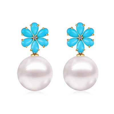 Flora Turquoise Diamond Pearl Convertible Drop Earrings