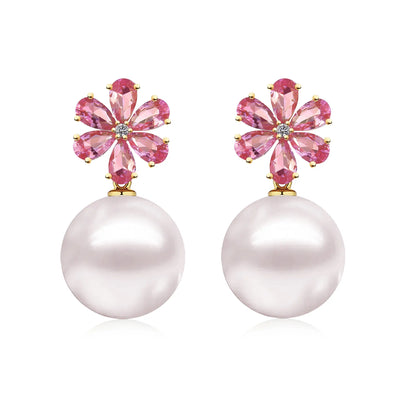 Flora Pink Tourmaline Diamond Pearl Convertible Drop Earrings