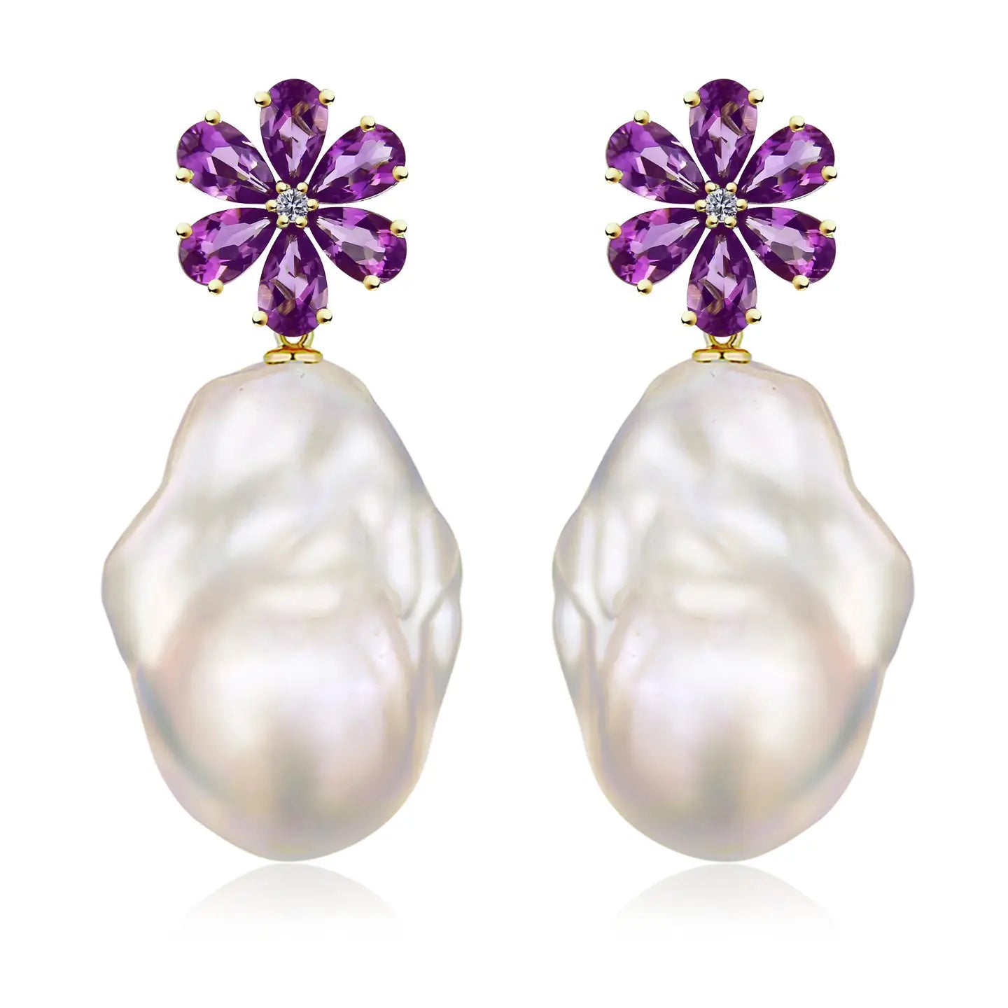 14k yellow gold purple amethyst flower petal diamond cultured barpque pearl convertible drop earrings