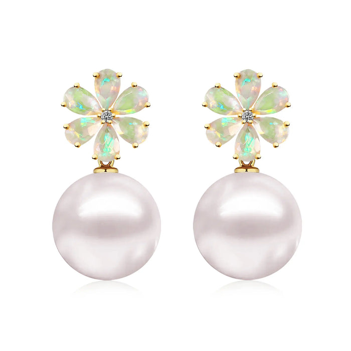 Flora Natural Fire Opal Diamond Pearl Convertible Drop Earrings in 14k yellow gold