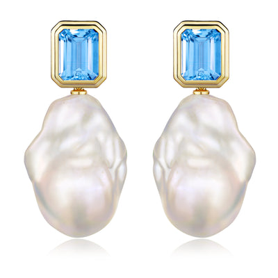 Bella Emerald-Cut Topaz Baroque Pearl Convertible Drop Earrings