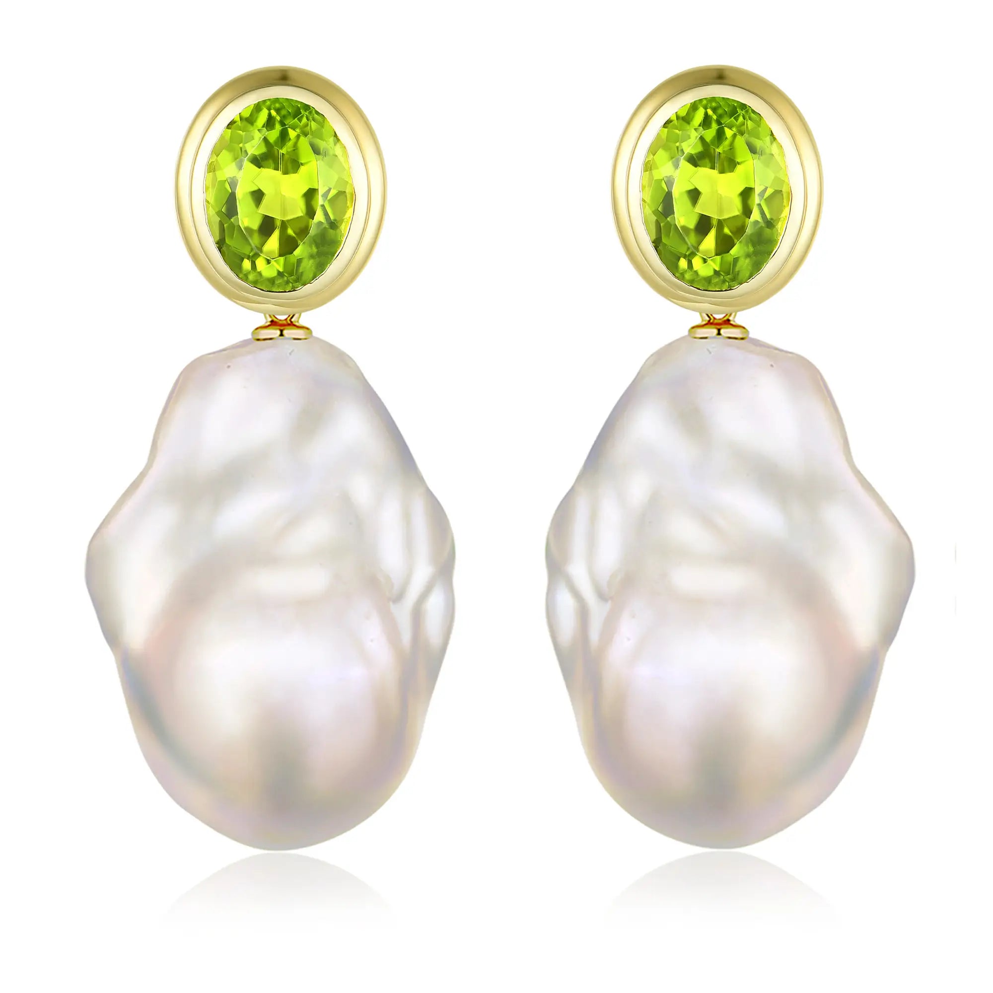 Bella Natural Oval Peridot Baroque Pearl Convertible Drop Earrings 14k solid yellow gold