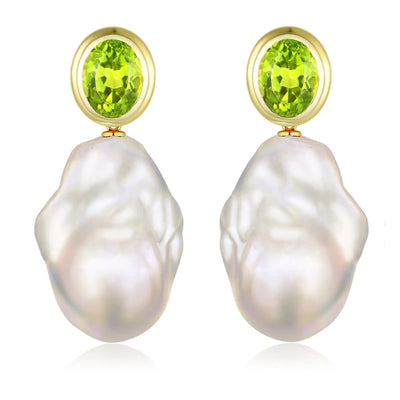 Bella Natural Oval Peridot Baroque Pearl Convertible Drop Earrings 14k solid yellow gold