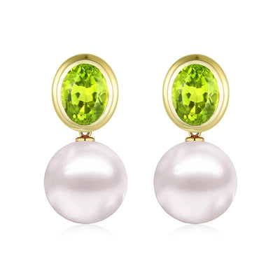Natural Oval Peridot CulturedPearl Convertible Drop Earrings 14k yellow gold