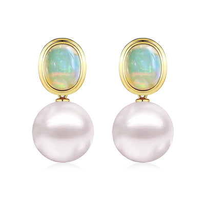 Bella Oval Natural Fire Opal Pearl Convertible Drop Earrings 14k yellow gold