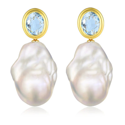 Bella Oval Aquamarine Baroque Pearl Convertible Drop Earrings 14k yellow gold