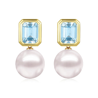 Bella Emerald-Cut Natural Aquamarine 12-13 mm Cultured Pearl Convertible Drop Earrings 14k yellow gold