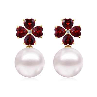 Felicia Garnet Diamond Clover Pearl Convertible Drop Earrings