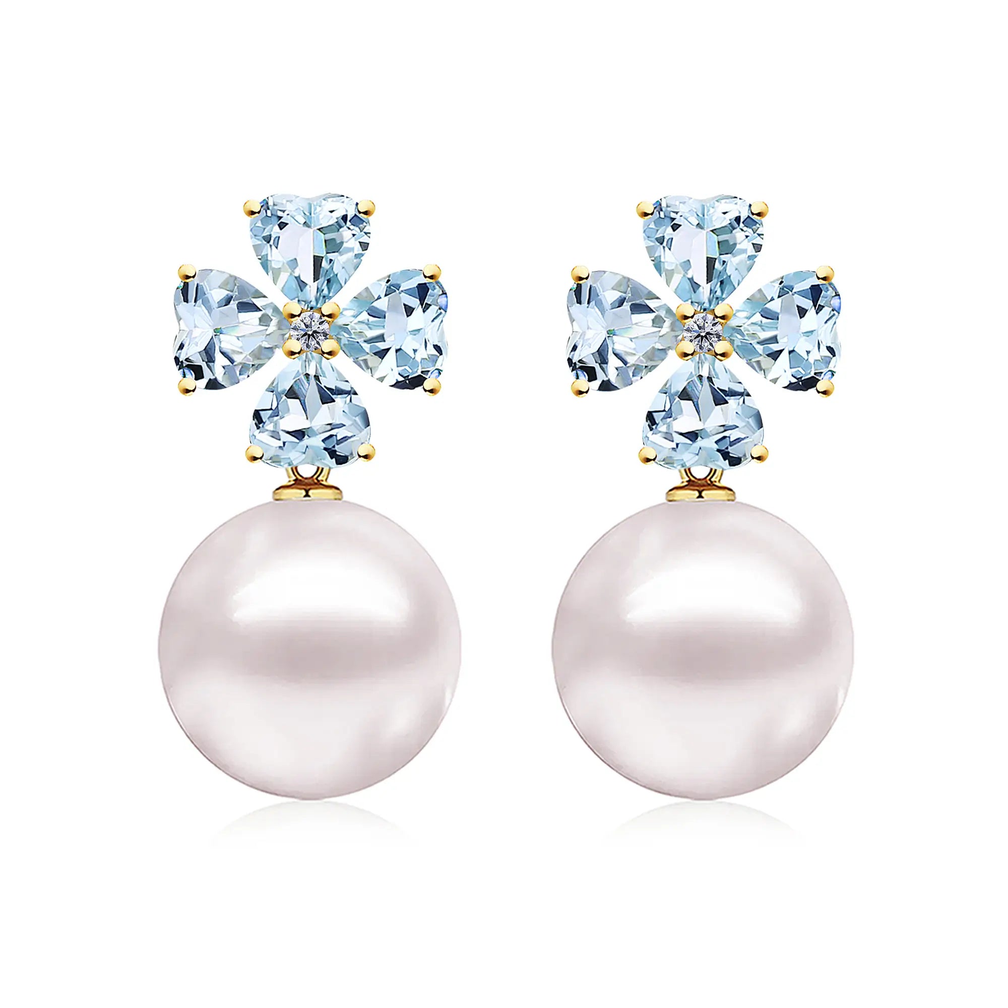 Felicia Natural Aquamarine Diamond Clover Pearl Convertible Drop Earrings 14k yellow gold