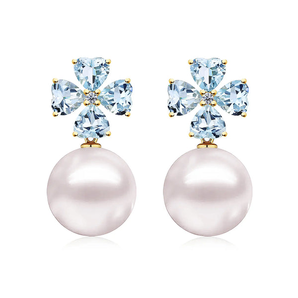 Felicia Natural Aquamarine Diamond Clover Pearl Convertible Drop Earrings 14k yellow gold