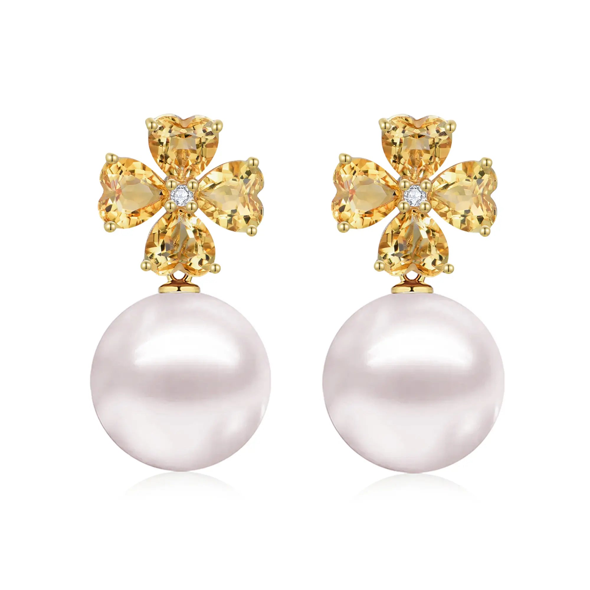 Natural Pear Citrine Diamond Clover Pearl Convertible Earrings 14k Yellow Gold