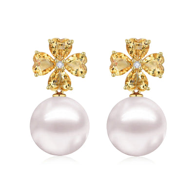 Natural Pear Citrine Diamond Clover Pearl Convertible Earrings 14k Yellow Gold
