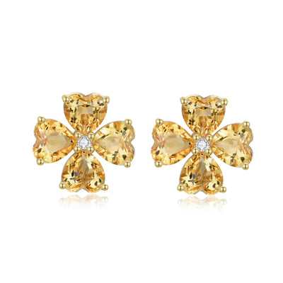 Pear Natural Citrine Diamond Clover Earrings 14K Yellow Gold 