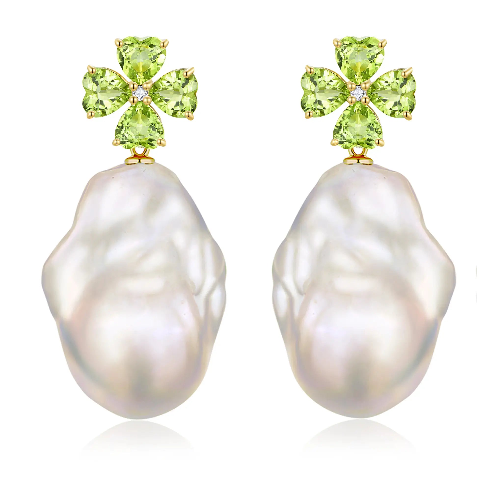 Natural Heart Peridot Diamond Clover Baroque Pearl Convertible Drop Earrings in 14k yellow gold 
