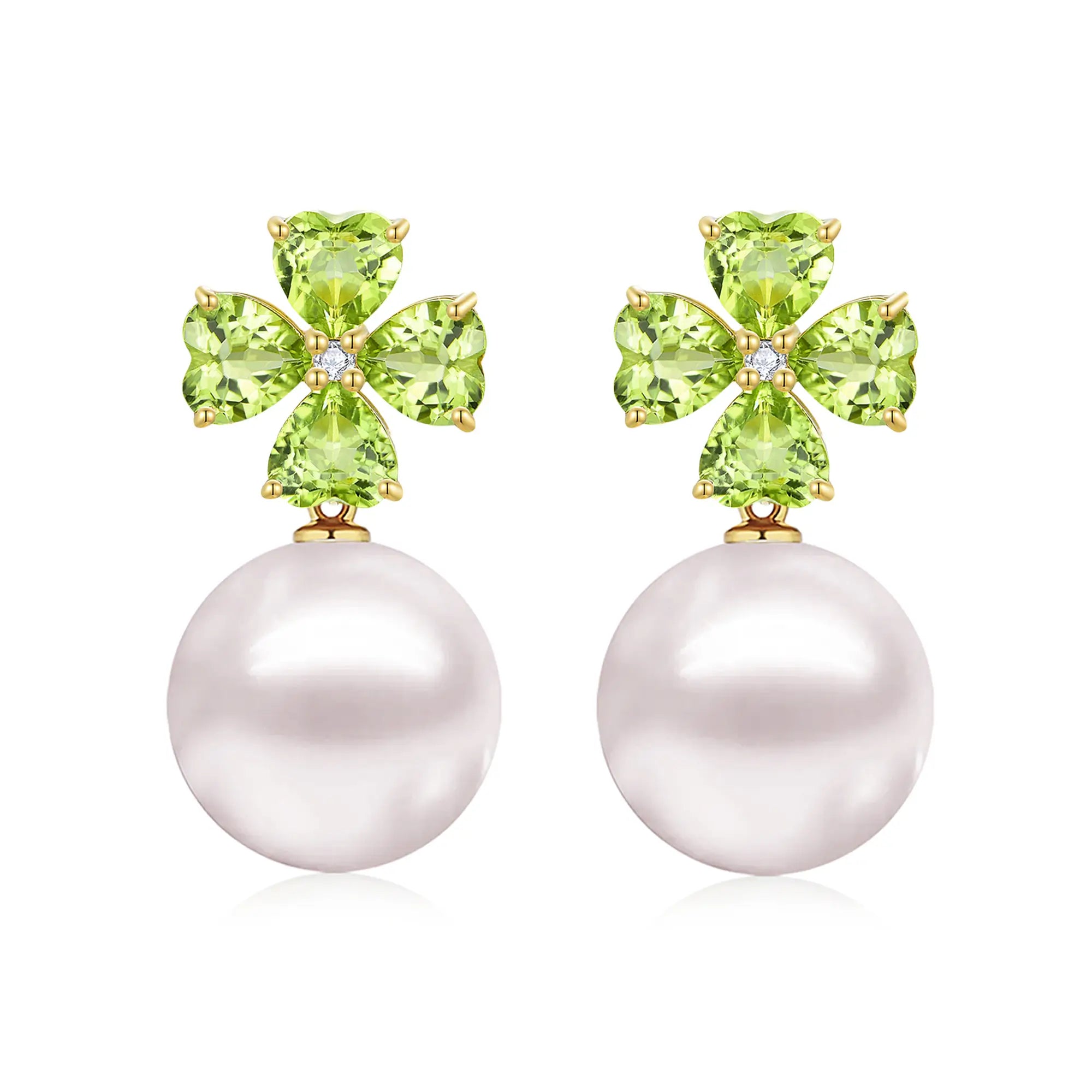 Natural heart Peridot Diamond Clover cultured Pearl Convertible Earrings 14k yellow gold
