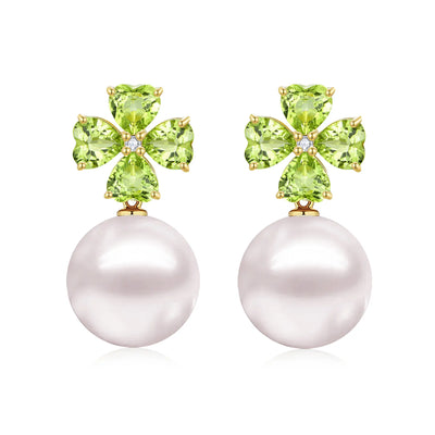 Natural heart Peridot Diamond Clover cultured Pearl Convertible Earrings 14k yellow gold

