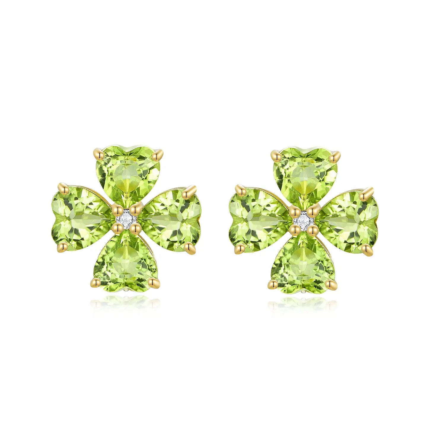 Natural Heart Peridot Diamond Clover Earrings in 14k yellow gold 
