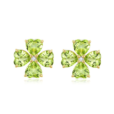 Natural Heart Peridot Diamond Clover Pearl Earrings 14K Yellow Gold