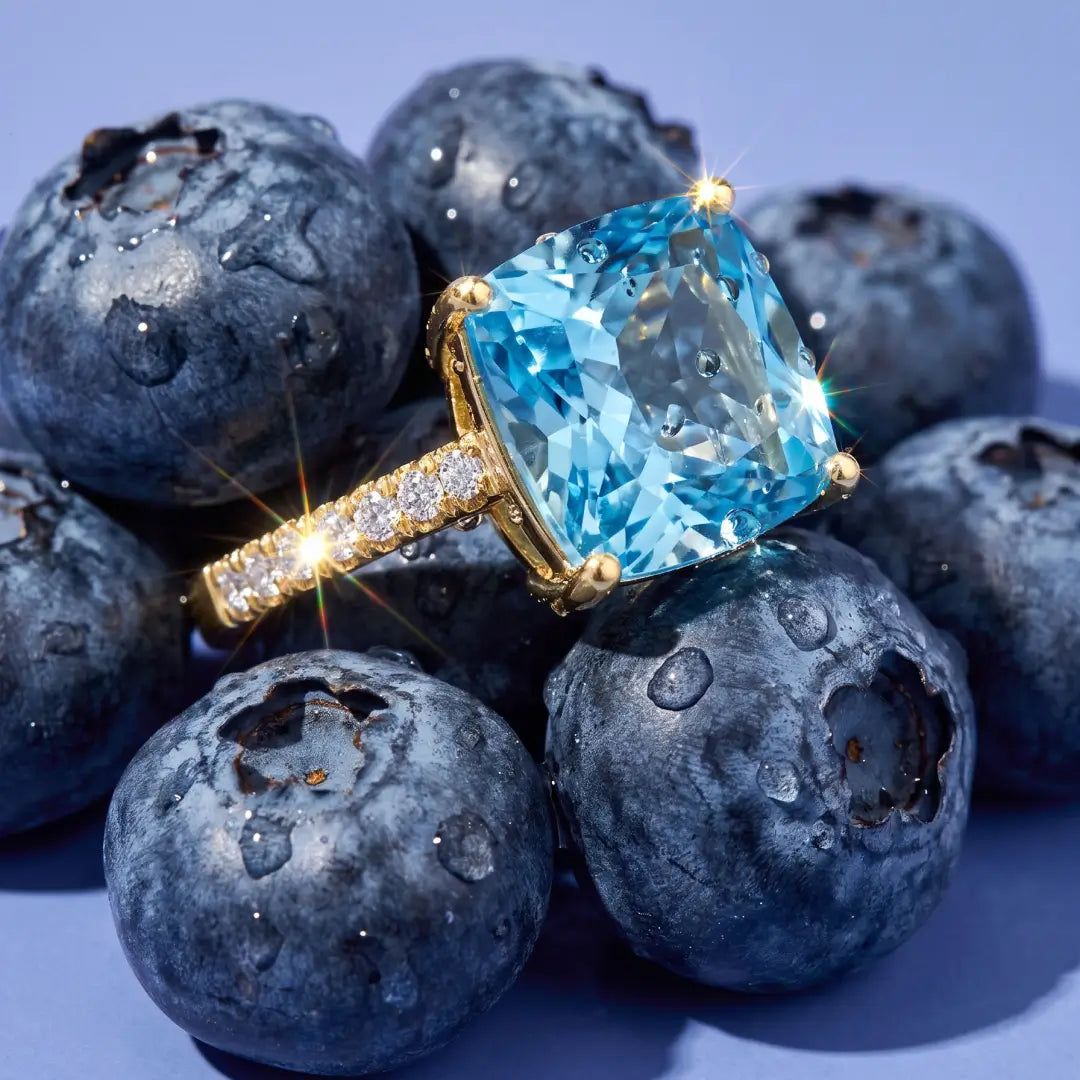Radiant Cushion Natural Sky blue Topaz Diamond Ring in 14k yellow gold