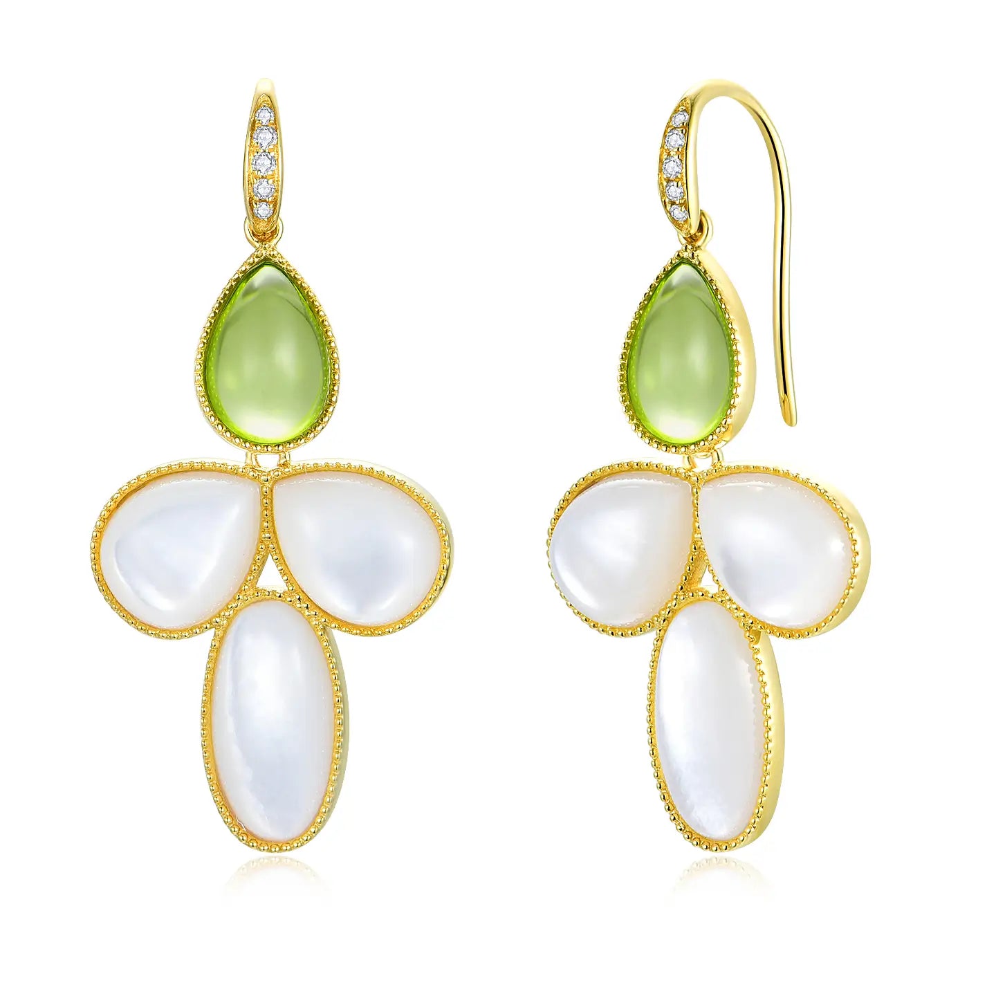 SnowDrop Flower Natural Peridot & Mother of Pearl Diamond Convertible Drop Earrings 14k yellow gold 