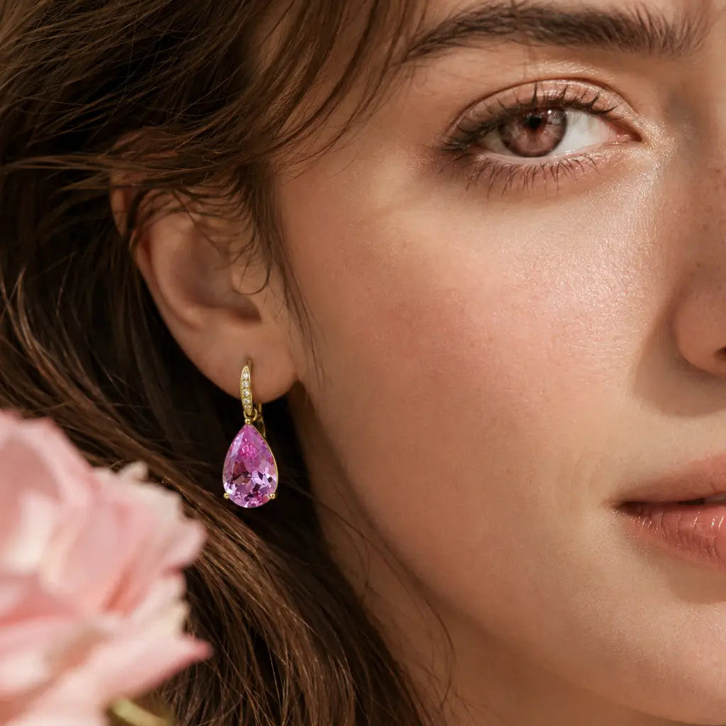 Radiant Pear 8.05ctw Lab-Grown Pink Sapphire & Diamond Drop Earrings 14k solid gold