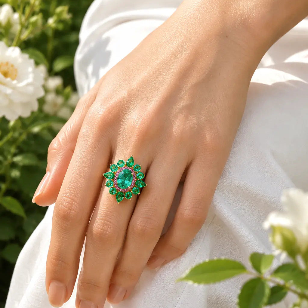 Kai Fine Jewelry Stellara 3.55 ctw AIGS Certified Natural Emerald & Pink Sapphire Ring Size 7 (One-of-a-Kind)