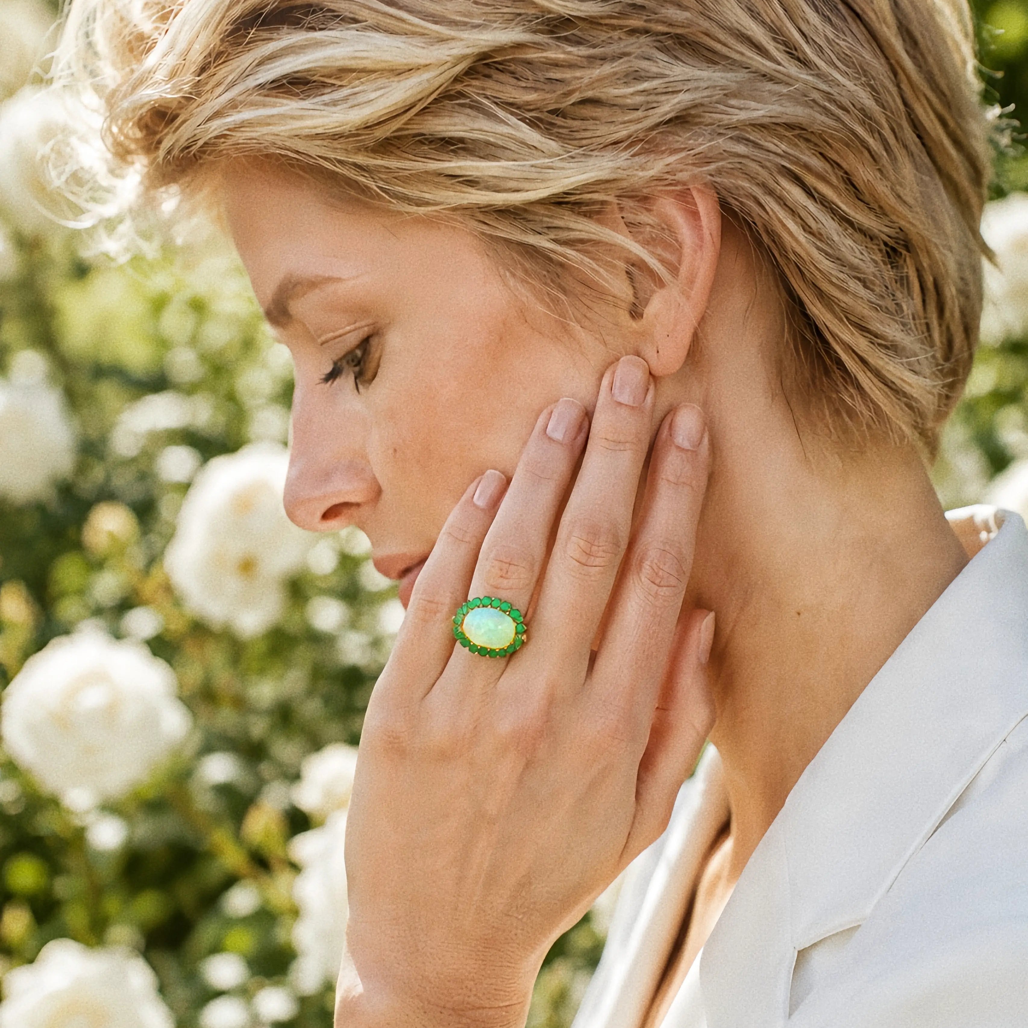 Kai Fine Jewelry Eden Halo 9.40 ctw Natural Opal & Emerald East-West Ring Size7 (One-of-a-Kind)