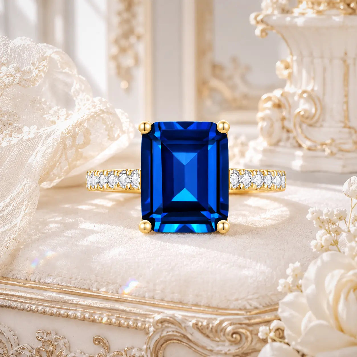 Radiant 4ctw Emerald-Cut Lab-Grown Sapphire Diamond Ring in 14k yellow gold