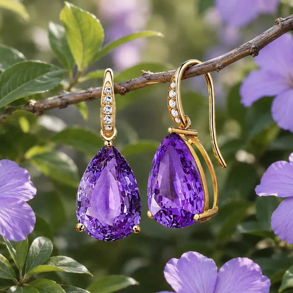 14k yellow gold Radiant natural Pear Amethyst Diamond Drop Earrings