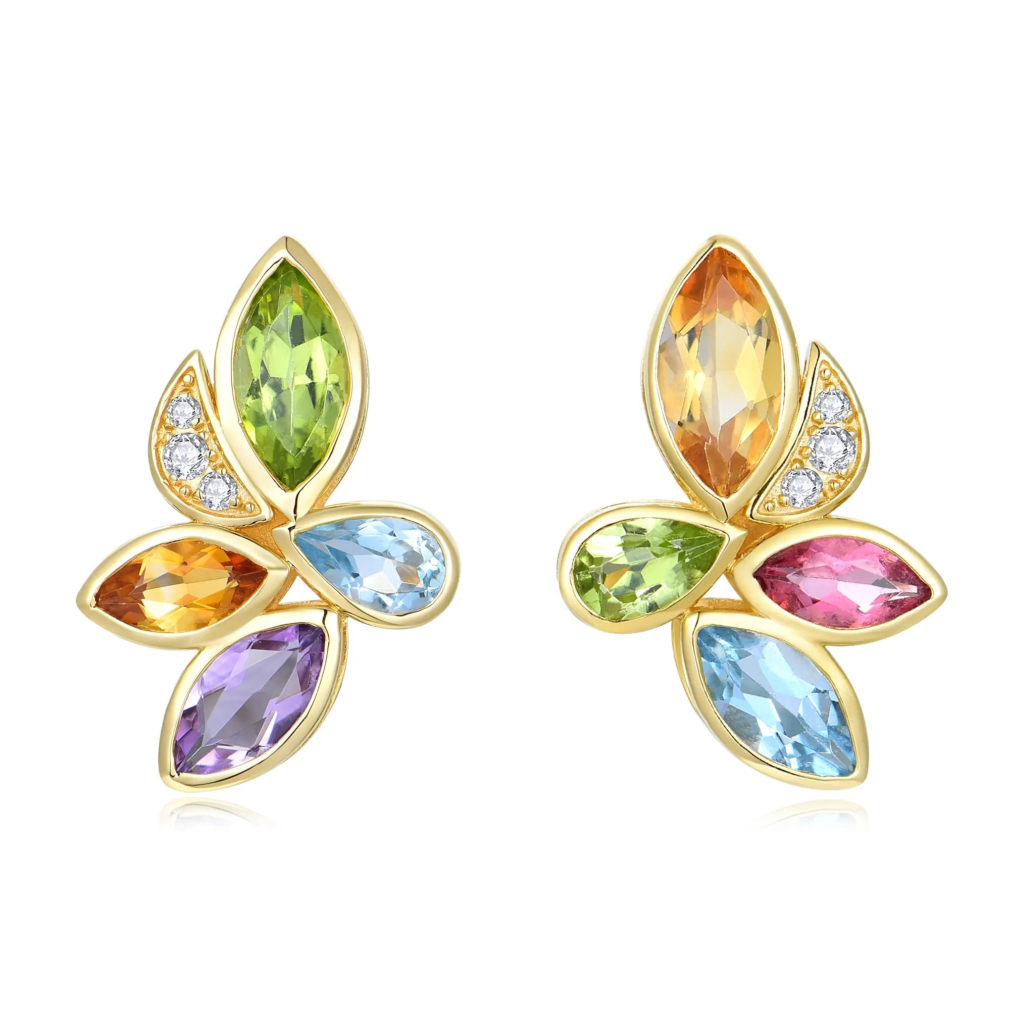 Tropical Flower Natural Multi Gemstone & Daimond Earrings 14k yellow gold