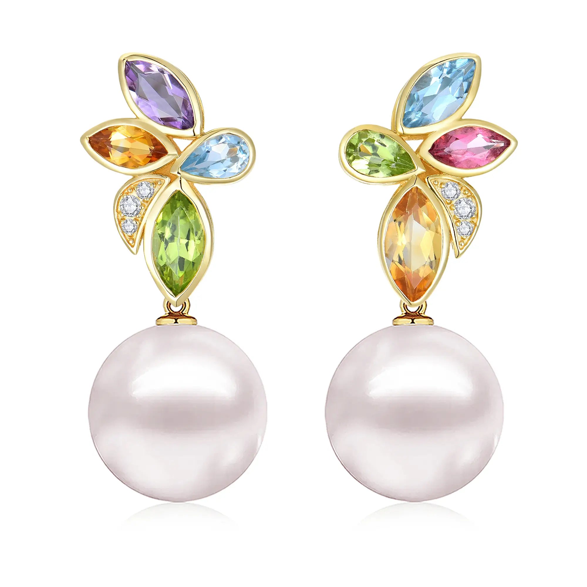 Tropical Flower Multi Natural Gemstone Diamond Cultured Pearl Convertible Drop Earrings 14k yellow gold
