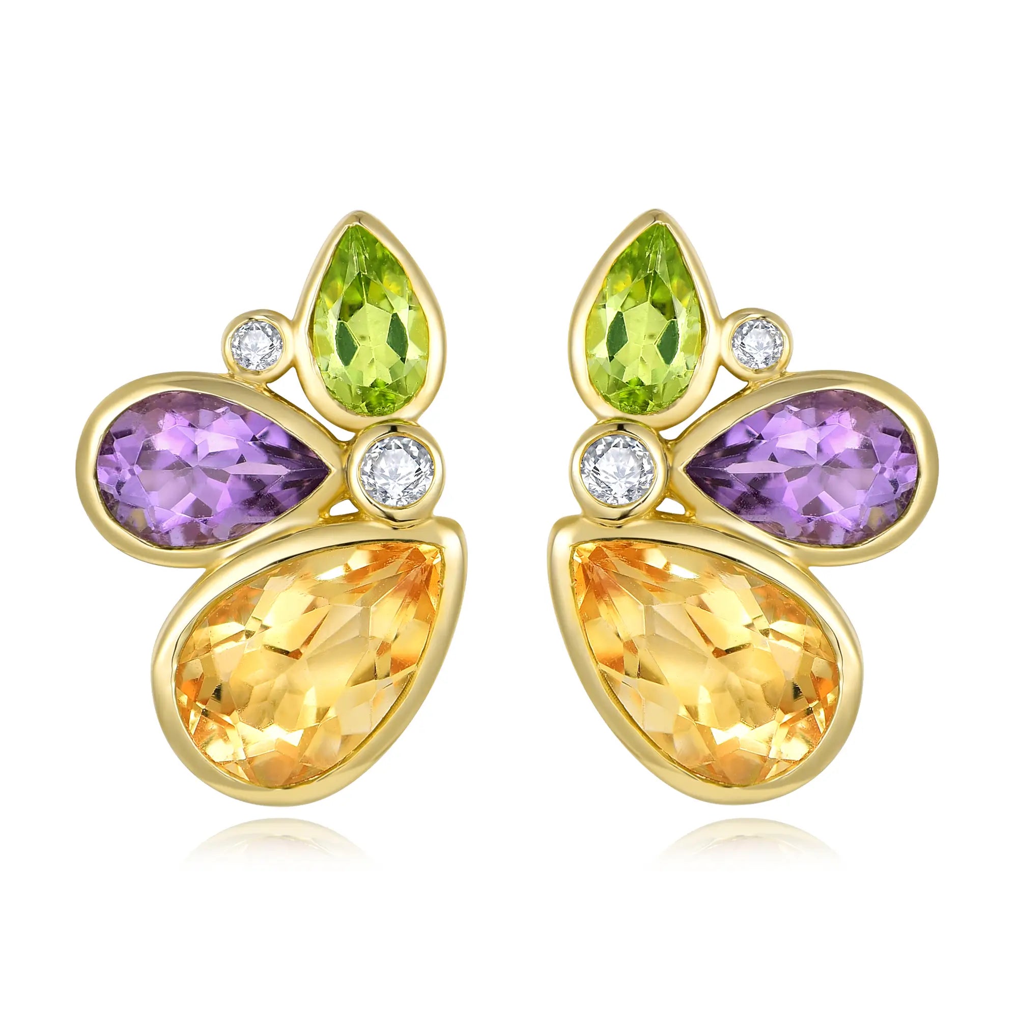 Tropical Butterfly Multi Natural Gemstone Diamond Earrings 14k yellow gold