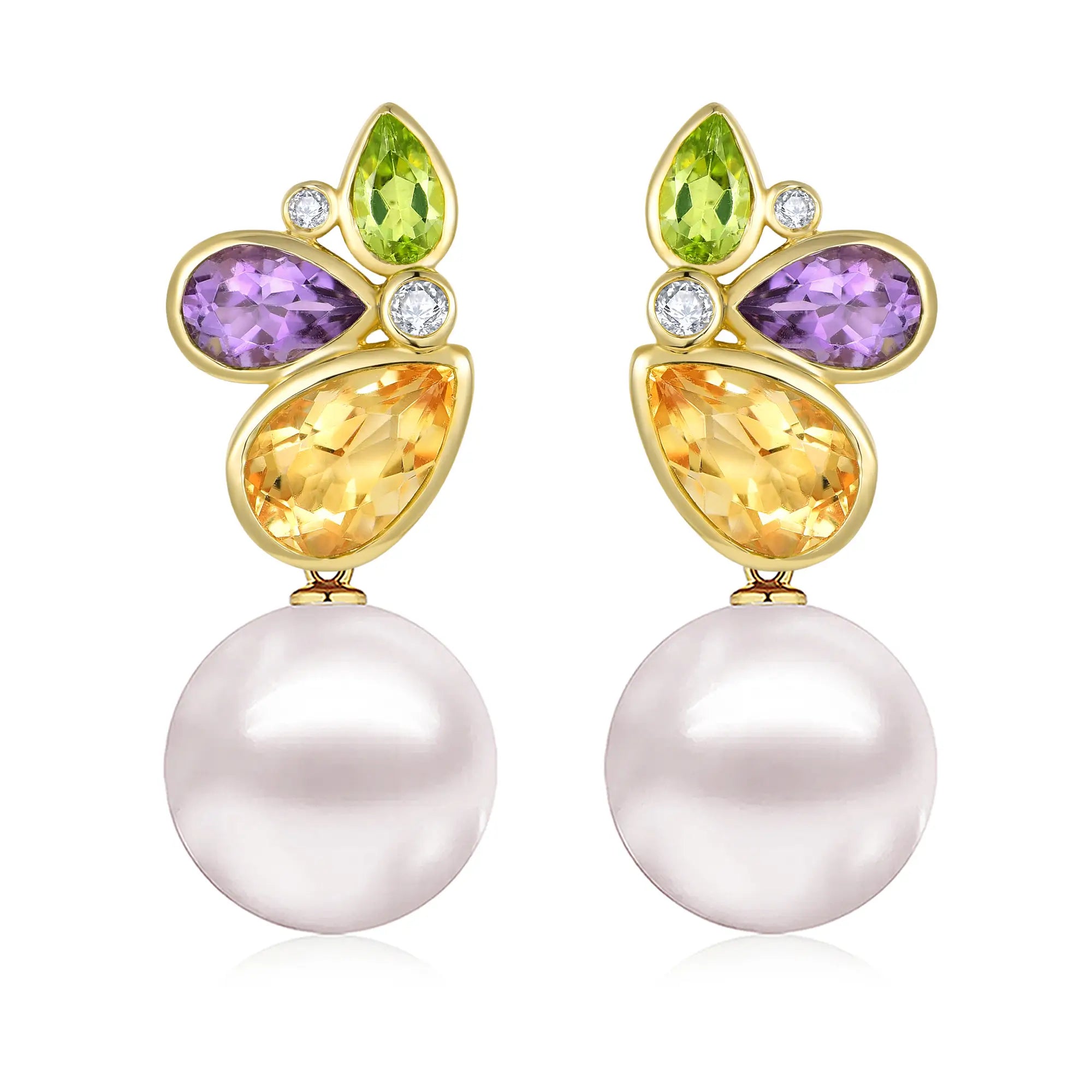 Tropical Butterfly Multi Natural Gemstone Diamond Cultured Pearl Convertible Drop Earrings 14k yellow gold