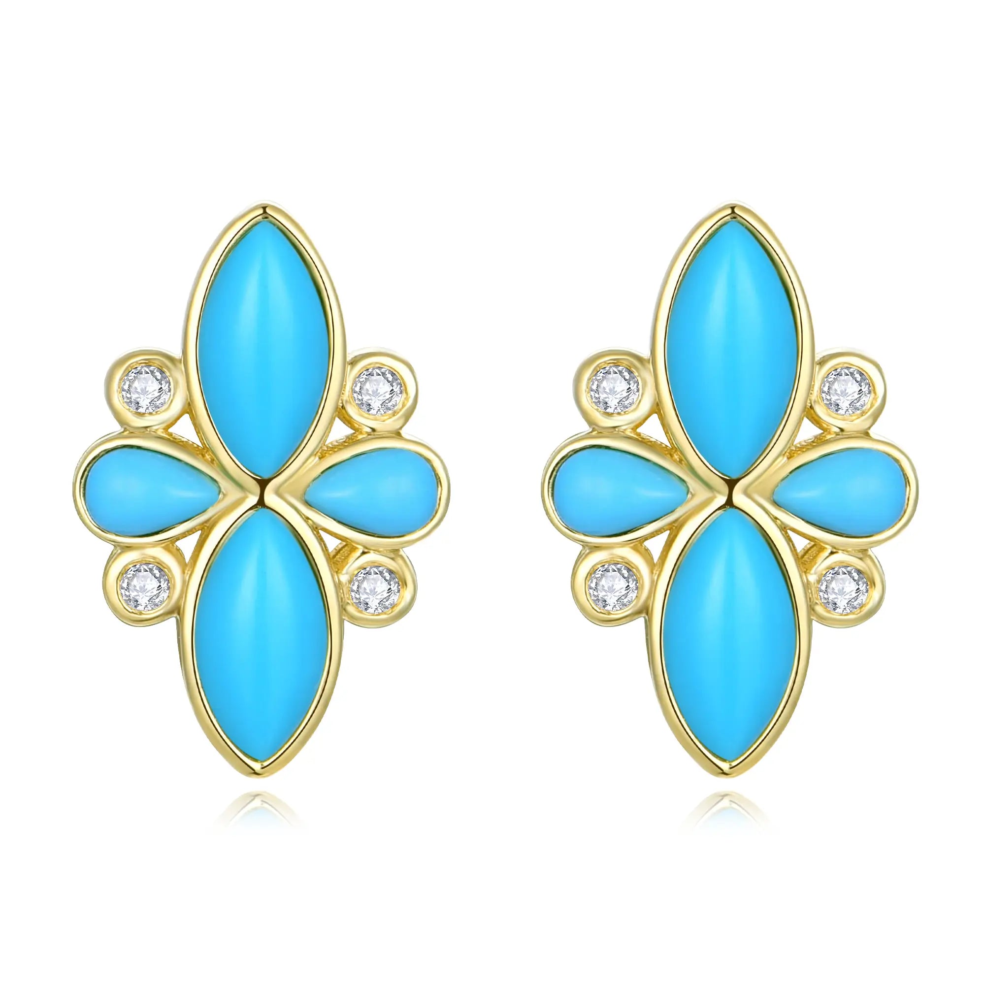 Tropical Flower Natural Turquoise and Diamond Earrings in 14k yellow gold