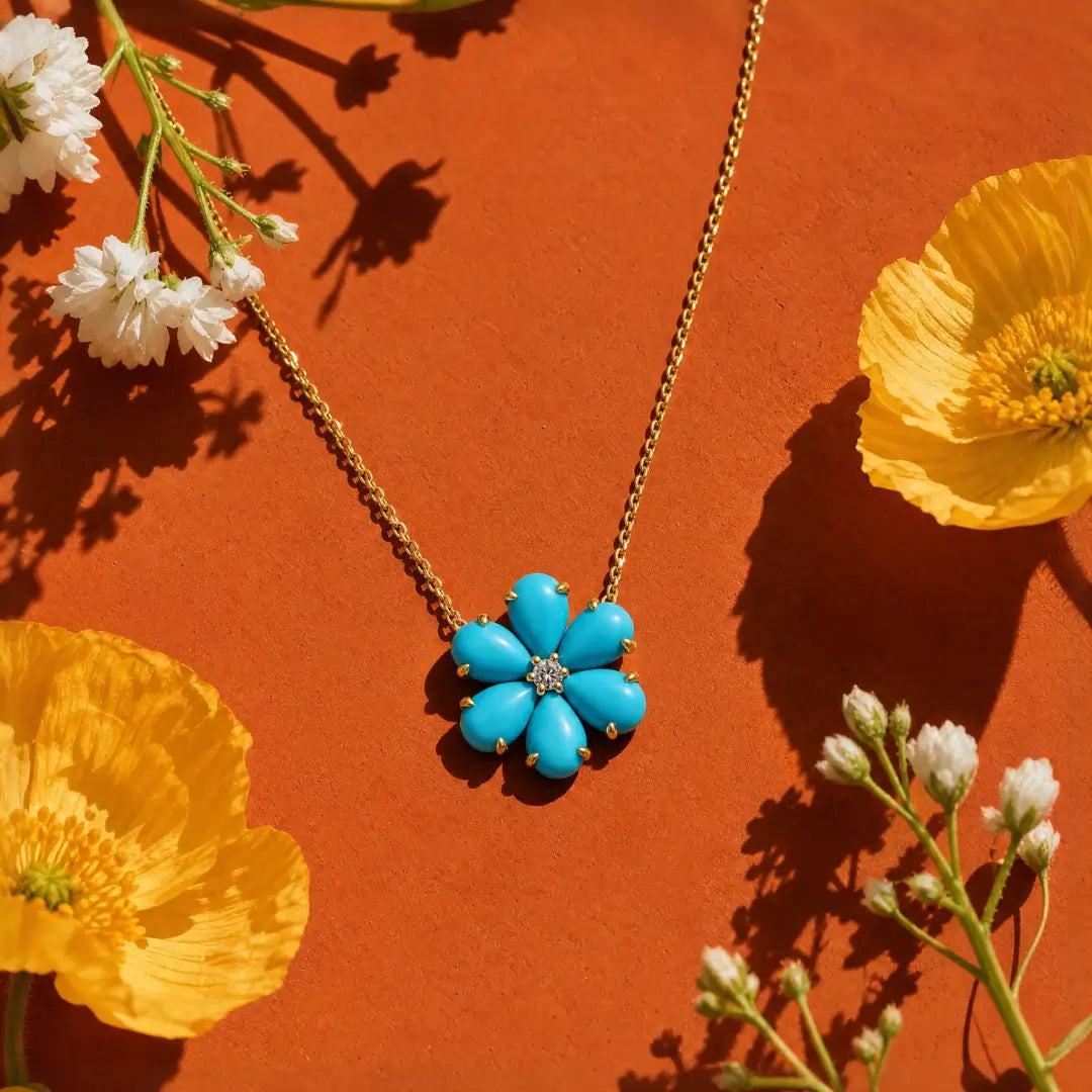 Flora Natural Sleeping Beauty Turquoise Diamond Necklace in 14k gold 