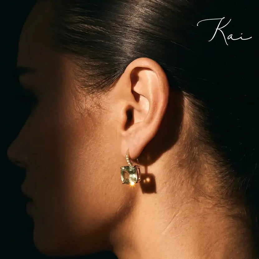 Kai Radiant Natural Prasiolite, Green Amethyst Diamond Drop Earrings in 14k yellow gold