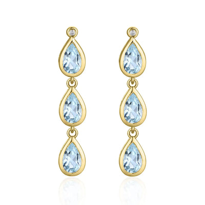 Venus Tears Pear Natural Aquamarine Diamond Drop Earrings 14k yellow gold