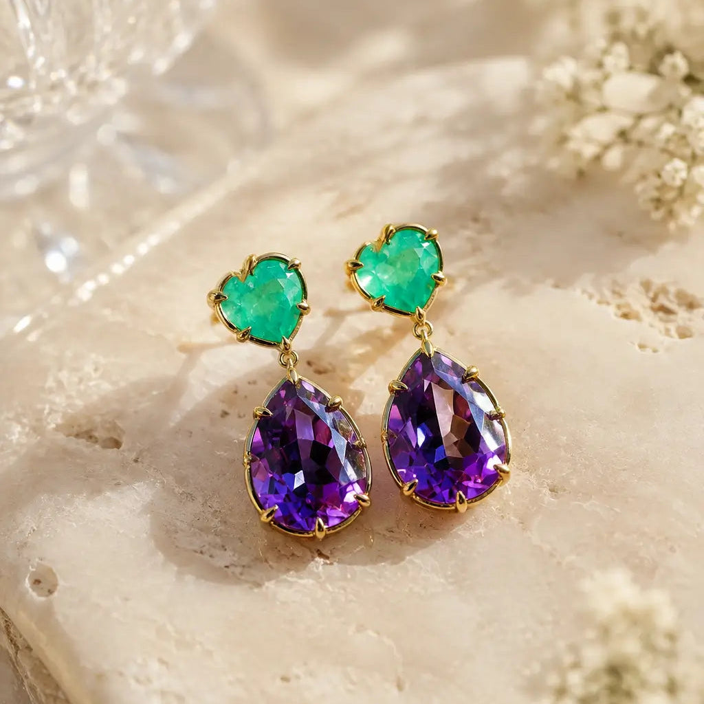 (SOLD) Aurea 12.47 ctw Natural Emerald & Amethyst Drop Earrings (One-of-a-Kind)