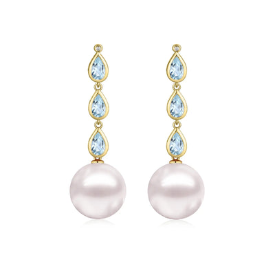 Venus Tears Aquamarine Diamond 12-13mm cultured Pearl Convertible Drop Earrings 14k yellow gold