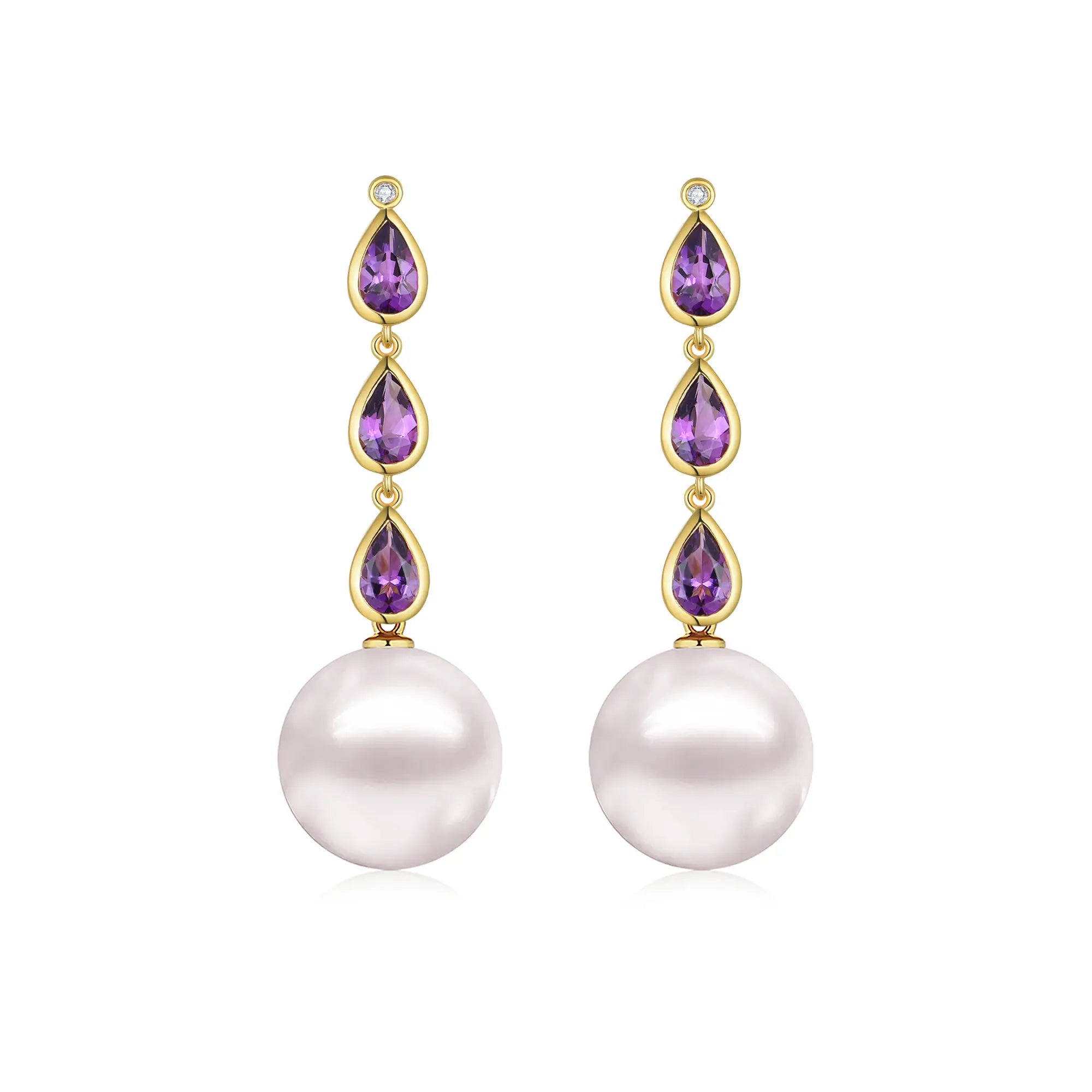 Venus Tears Amethyst Diamond 12-13mm cultured Pearl Convertible Drop Earrings 14k yellow gold