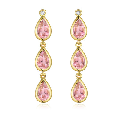 Venus Tears pear natural Pink Tourmaline Diamond Drop Earrings 14k yellow gold