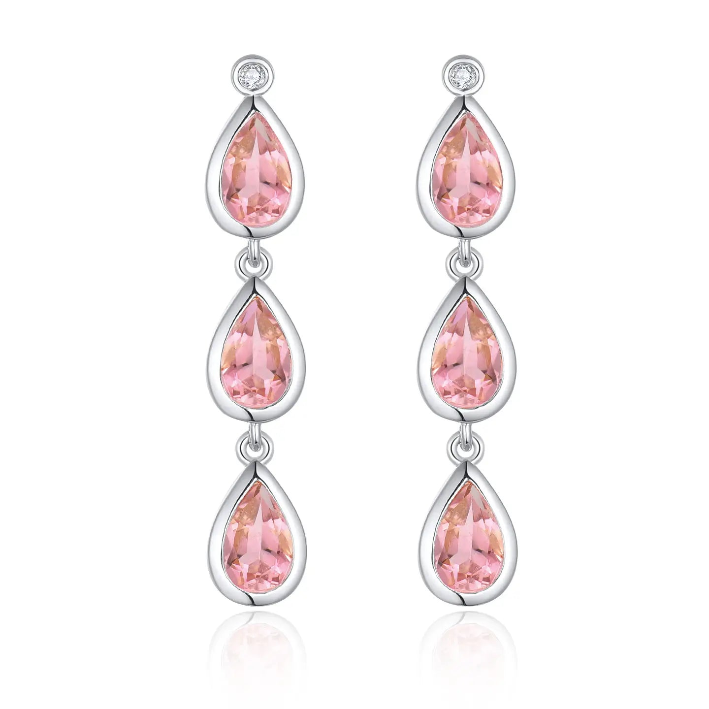Venus Tears natural Pink Tourmaline Diamond Drop Earrings 14k white gold