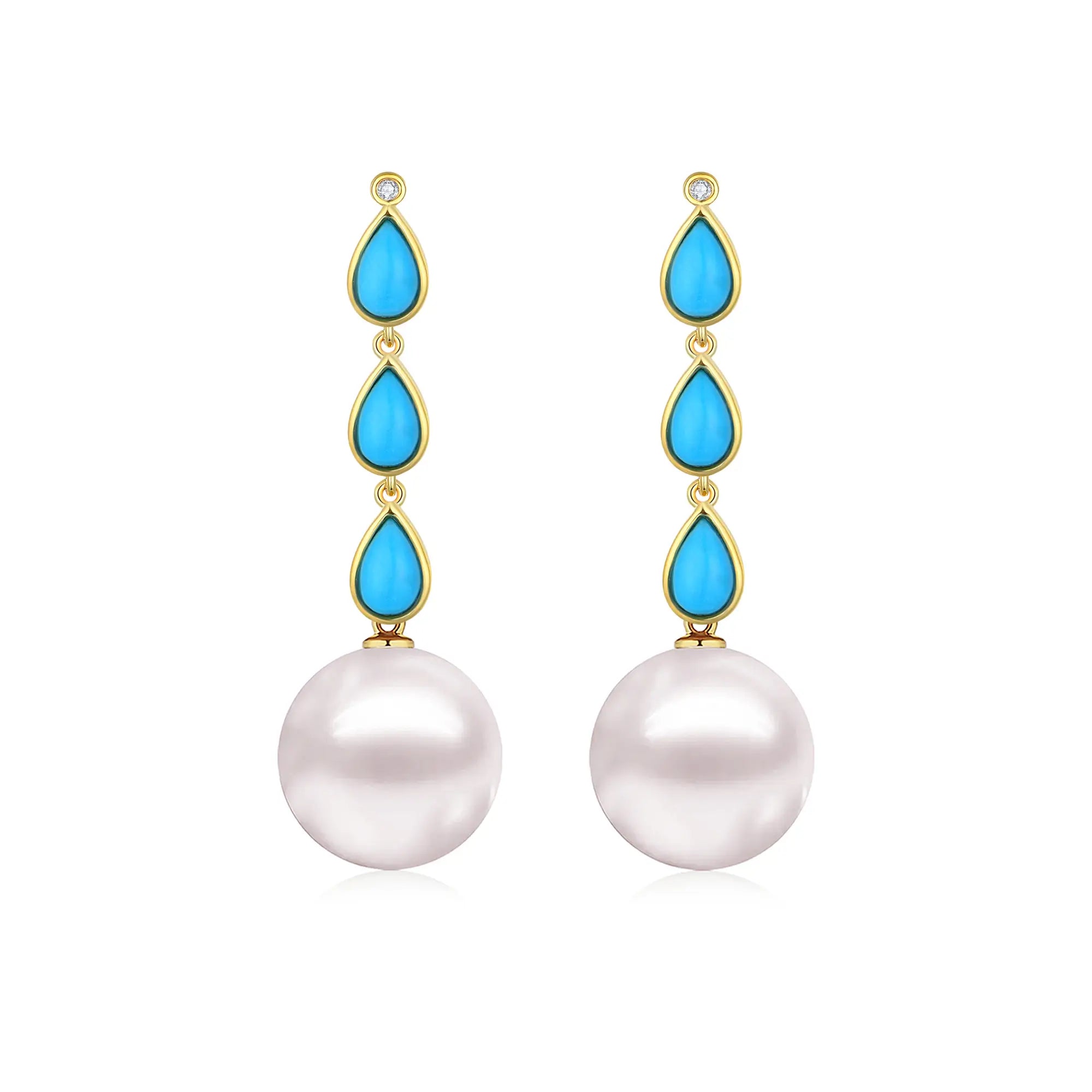 Venus Tears Turqouise Diamond 12-13mm Pearl Convertible Drop Earrings 14k yellow gold